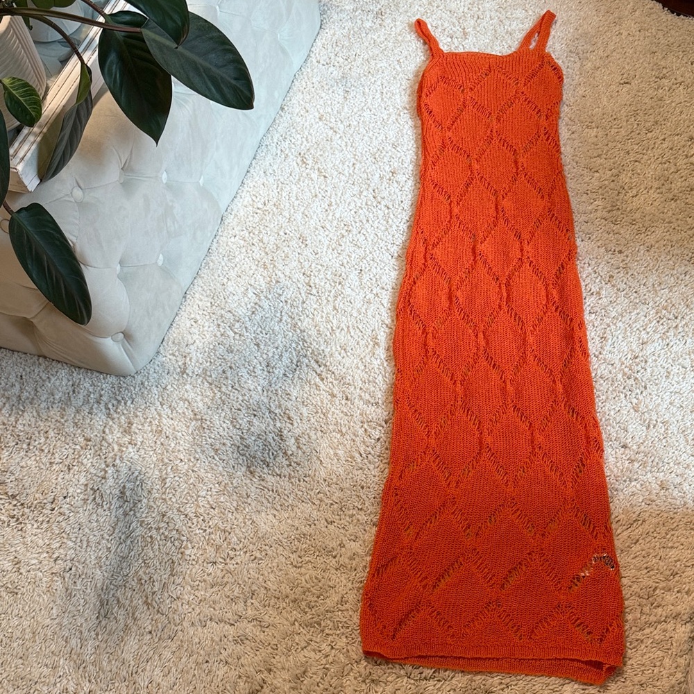 Orange Knit Maxi Dress sheer sexy vacation small swimsuit cover up summer new